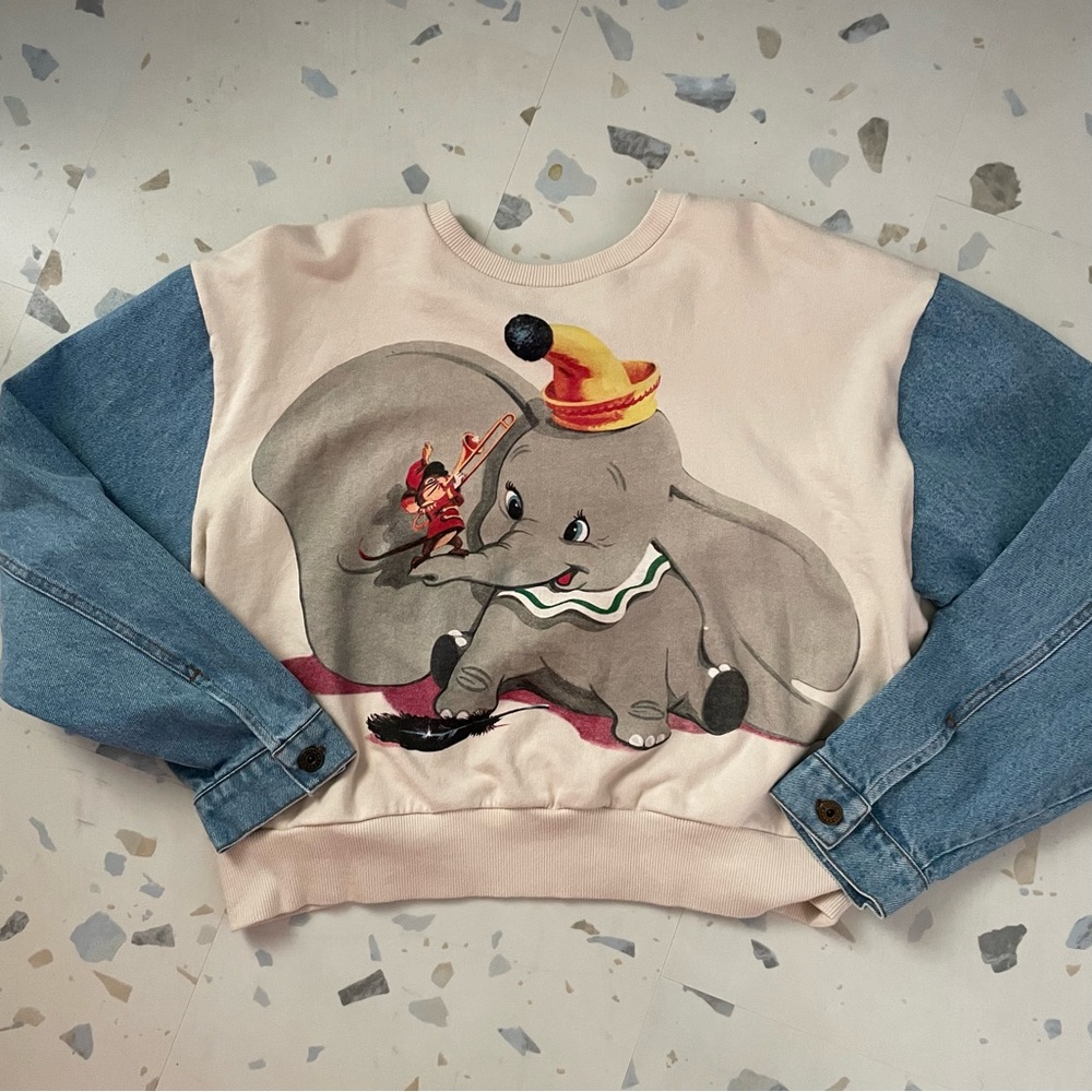 ZARA Dumbo Disney Sweatshirt Denim Jean Sleeves size L
